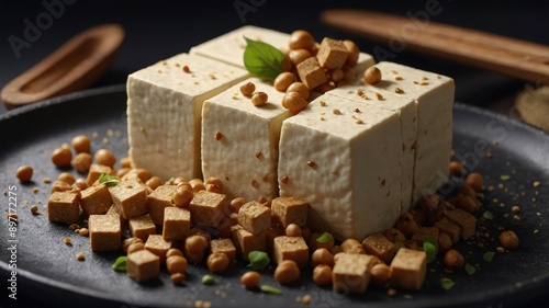 Homemade tofu with soybean seed, Vegan food ingredients in Asian cuisine, Plant based. photo