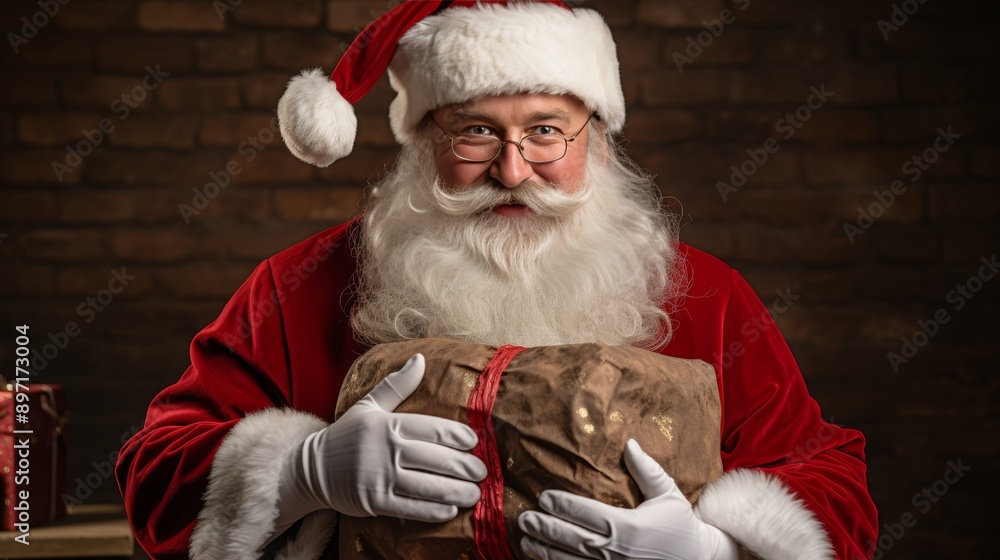 Santa claus in traditional red outfit carrying a large sack filled with christmas presents Santa claus in traditional red outfit carrying a large sack filled with christmas presents
