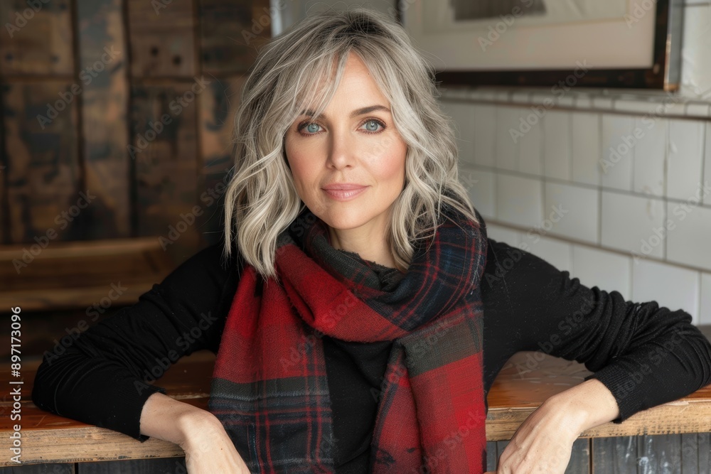 Beautiful woman with wavy blonde hair and blue eyes, wearing a red and black scarf, leaning on a wooden counter in a warmly lit, rustic indoor setting Beautiful woman with wavy blonde hair and blue eyes, wearing a red and black scarf, leaning on a wooden counter in a warmly lit, rustic indoor setting