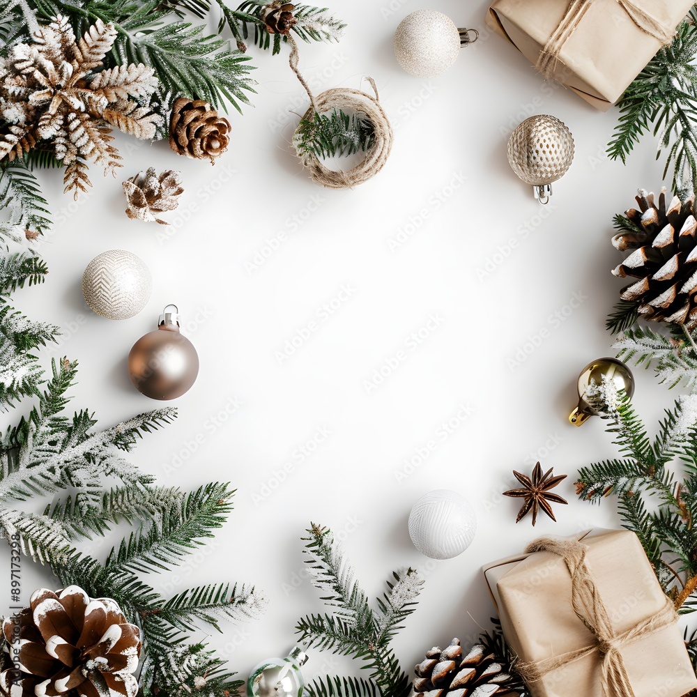 Christmas and New Year holidays flat lay mockup with baubles, cones, pine tree branch and gift box. Festive decorations on white background, top view with free space. Christmas and New Year holidays flat lay mockup with baubles, cones, pine tree branch and gift box. Festive decorations on white background, top view with free space.