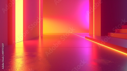 Futuristic and empty stage glowing with neon lights, perfect for showcasing products or creating a vibrant atmosphere