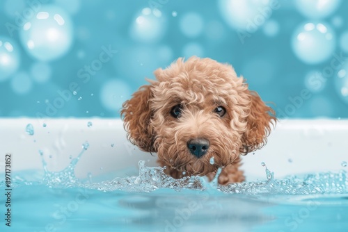 Cute dog close-up portrait in the bathroom in shampoo. Grooming and dog care. Copy space image. Place for adding text or design. Beautiful simple AI generated image in 4K, unique. © ArtSpree