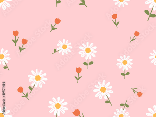 Seamless pattern of daisy flower with green leaves and red tulip flower on pink background vector. Cute floral print.