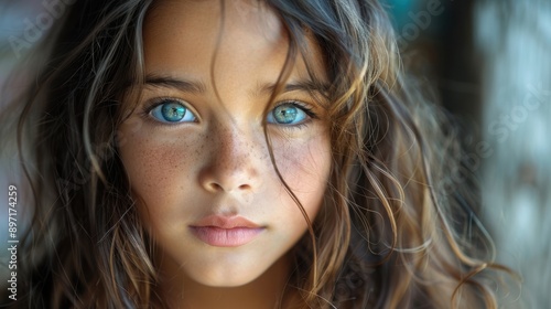 A captivating close-up shot of a young girl with intense blue eyes and natural freckles under soft natural lighting, showcasing her thoughtful and introspective expression