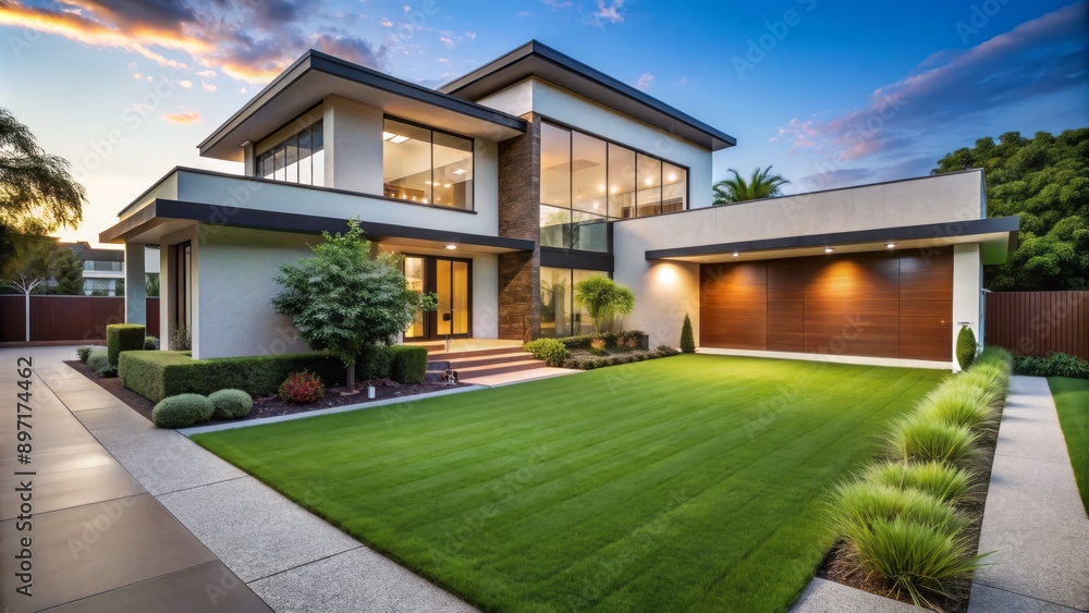 Lush, vibrant, and immaculately manicured artificial grass lawn surrounds modern home's sleek exterior, exuding luxurious curb appeal and effortless maintenance. Lush, vibrant, and immaculately manicured artificial grass lawn surrounds modern home's sleek exterior, exuding luxurious curb appeal and effortless maintenance.