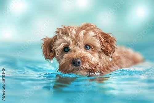 Wet apricot poodle in a pool with paws on edge. Close-up pet portrait.. Beautiful simple AI generated image in 4K, unique. © ArtSpree