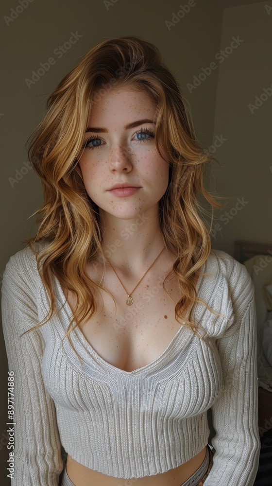A young woman with wavy blonde hair, wearing a white knitted sweater and a pendant necklace, stands indoors with a neutral background, exuding a calm and thoughtful expression A young woman with wavy blonde hair, wearing a white knitted sweater and a pendant necklace, stands indoors with a neutral background, exuding a calm and thoughtful expression