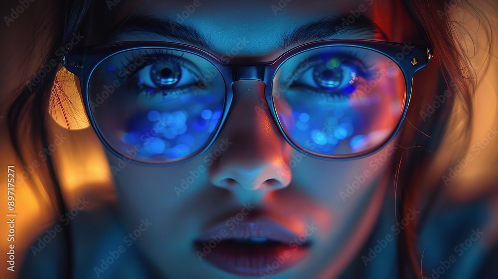Digital Gaze: A young woman with piercing blue eyes magnified by glasses reflecting a colorful, pixelated world, hinting at a digital reality and capturing the allure of technology. 