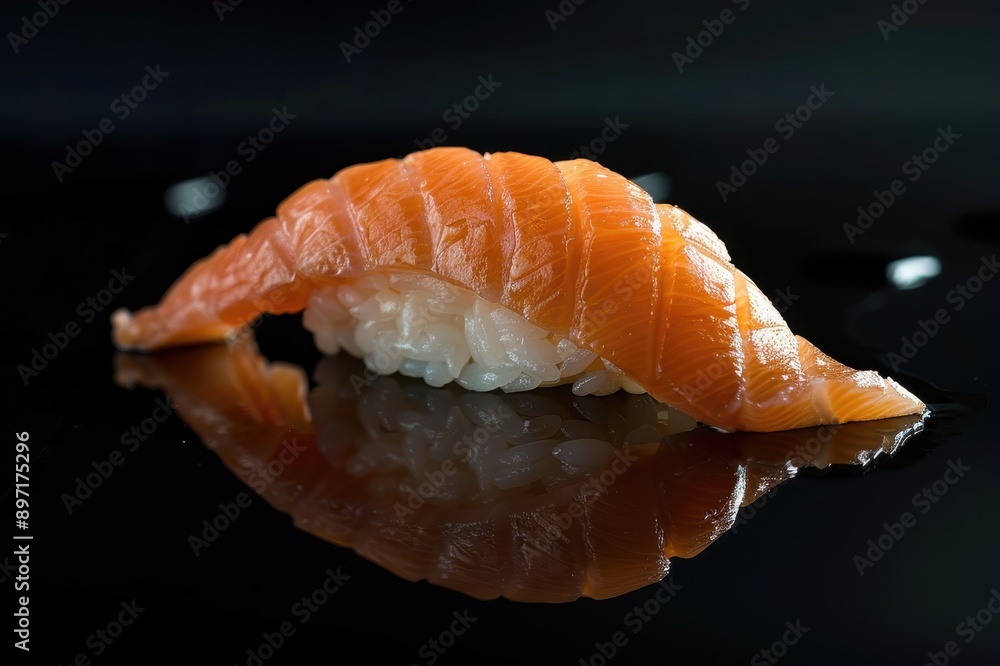 Single Salmon Nigiri Sushi on Black Background Single Salmon Nigiri Sushi on Black Background