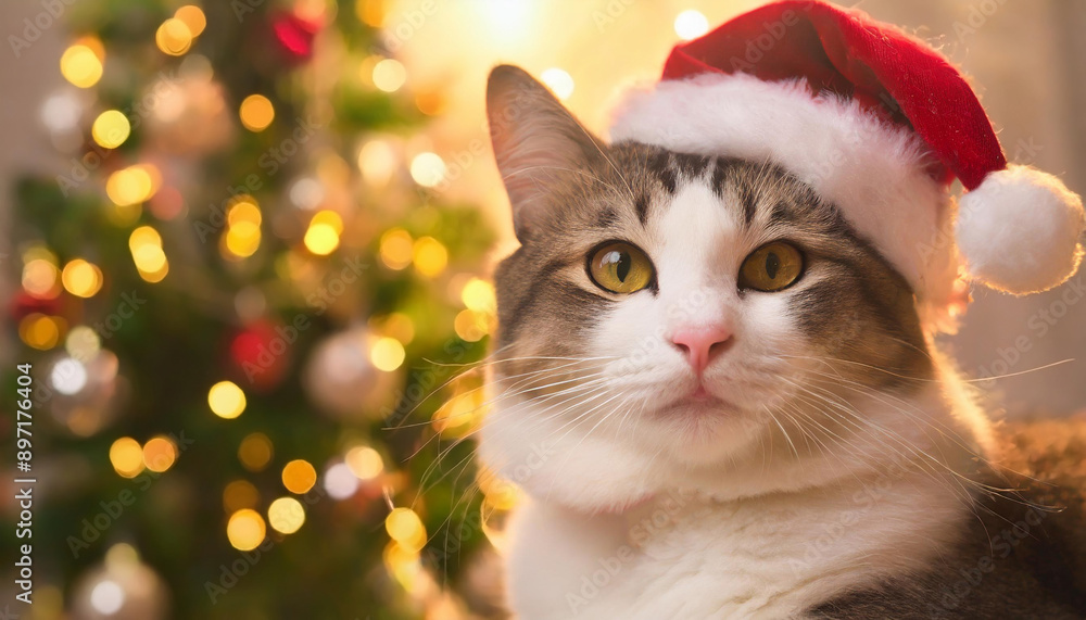 サンタクロース帽子をかぶった猫。クリスマスツリーの背景。 サンタクロース帽子をかぶった猫。クリスマスツリーの背景。