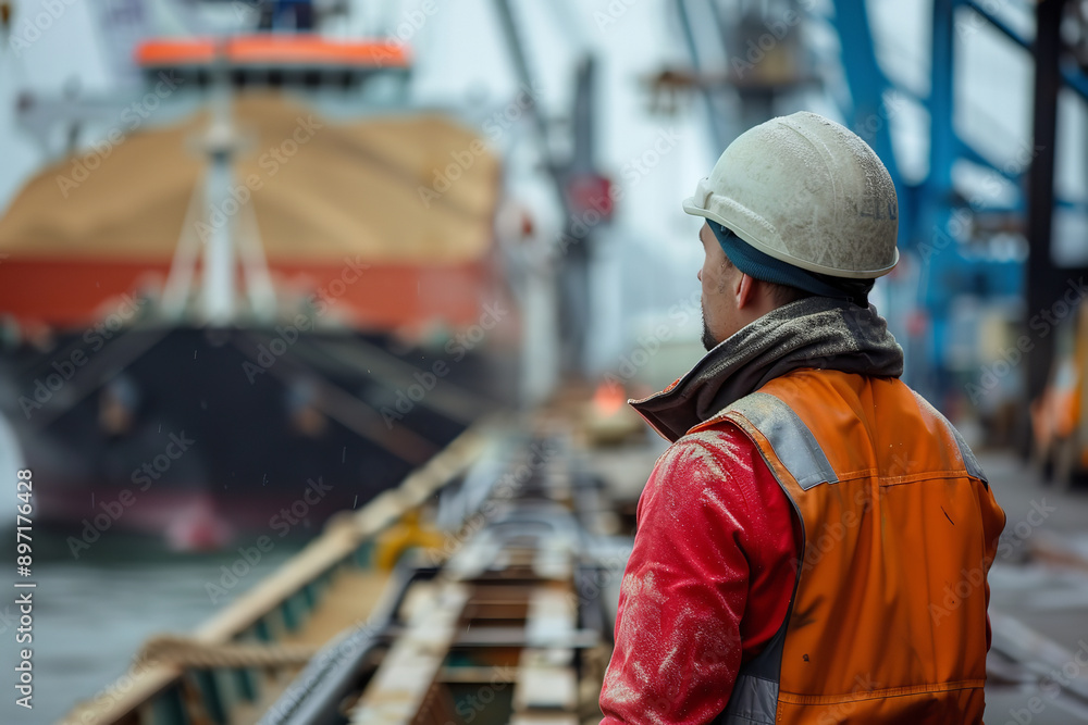 Dock Worker Overseeing Grain Loading into Freight Ship Dock Worker Overseeing Grain Loading into Freight Ship