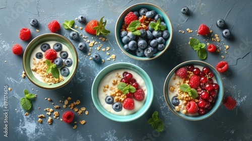 Wallpaper Mural Three bowls of healthy breakfast cereal topped with fresh berries and grains for a nutritious start to the day. Torontodigital.ca