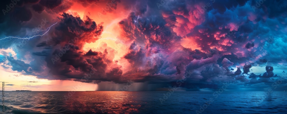 Dramatic seascape with stormy sky and lightning at sunset Dramatic seascape with stormy sky and lightning at sunset