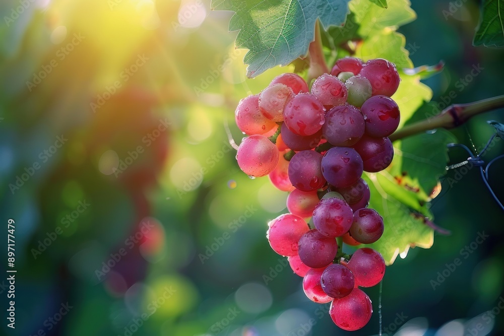 Bunch of ripe red grapes growing on a vine in an orchard, illuminated by the sun on a sunny day Bunch of ripe red grapes growing on a vine in an orchard, illuminated by the sun on a sunny day