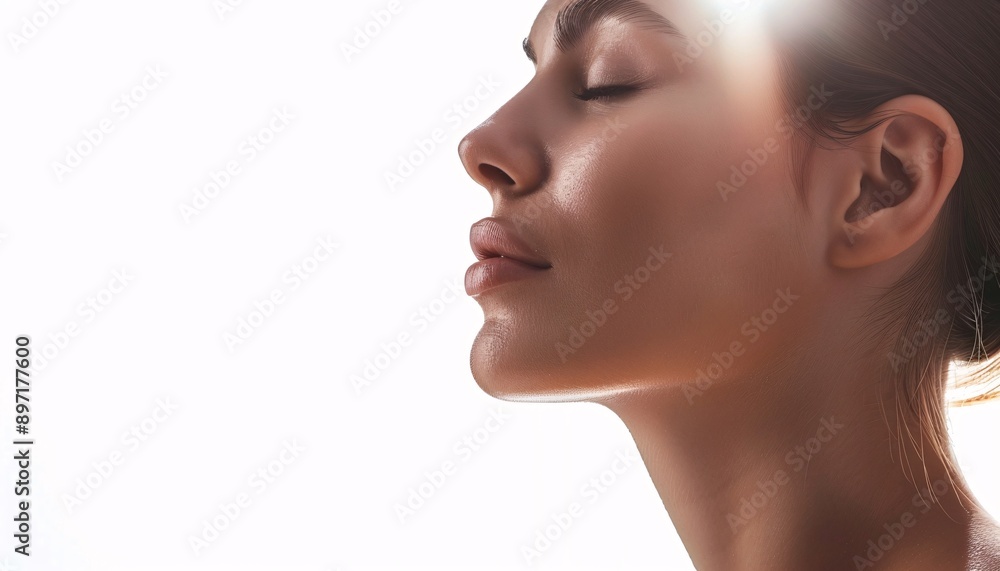 Close-up portrait of glamorous woman with flawless skin, soft focus highlights beauty and perfect makeup Close-up portrait of glamorous woman with flawless skin, soft focus highlights beauty and perfect makeup