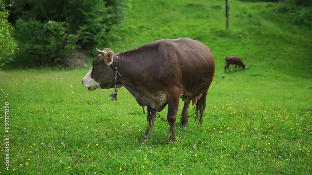 Cow grazing in the green meadow at a sunny summer day in Ukraine Cow grazing in the green meadow at a sunny summer day in Ukraine