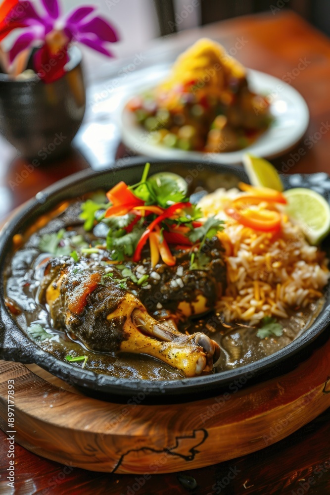 The image features a tantalizing plate of Indian cuisine, likely a chicken curry served with brown rice and an array of vibrant vegetables. The image features a tantalizing plate of Indian cuisine, likely a chicken curry served with brown rice and an array of vibrant vegetables.