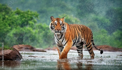 Indian tiger male with first rain, wild animal in the nature habitat, Ranthambore, India. Big cat, endangered animal.