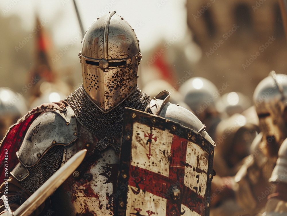A Medieval Knight With a Sword and Shield in Battle A Medieval Knight With a Sword and Shield in Battle