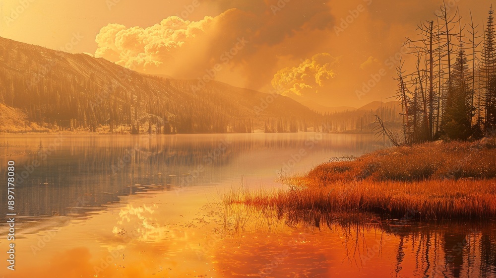 Fototapeta premium Golden Sunset Over Mountain Lake.
