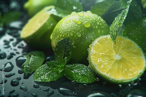 Fresh lime and mint leaves arranged on a table, ready for use in cooking or as a decorative accent photo