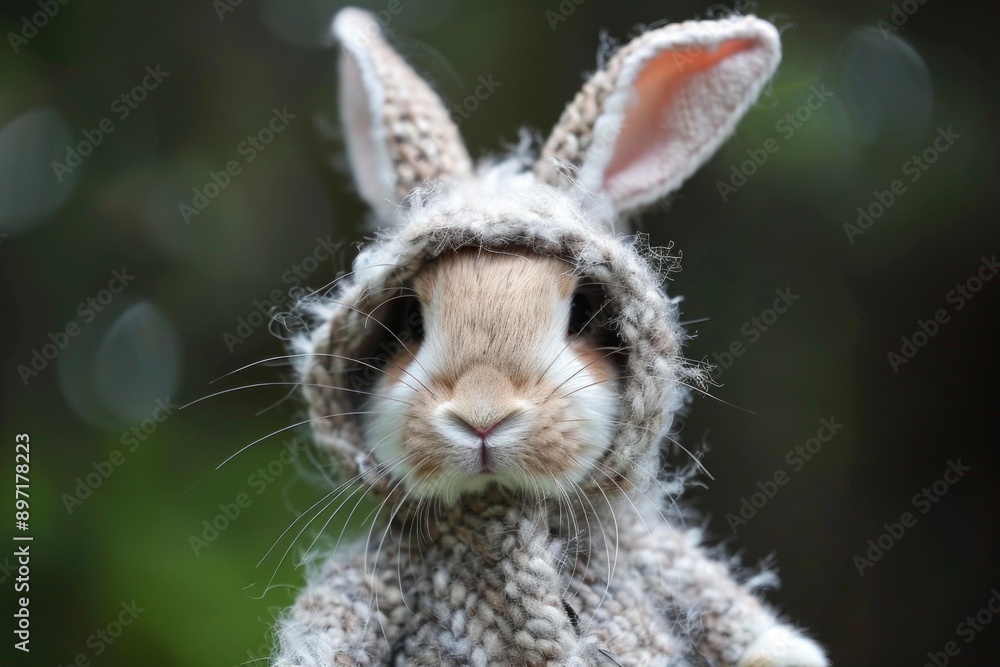 Obraz premium Adorable bunny rabbit wearing a knitted hat and scarf is posing in nature
