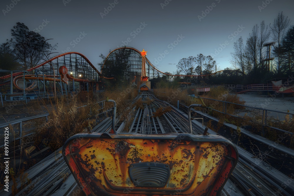 custom made wallpaper toronto digitalGhostly Rollercoaster: A chilling glimpse into a forgotten amusement park, where overgrown weeds and rusting metal tell a story of abandoned dreams, inviting a sense of eerie nostalgia and wonder. 