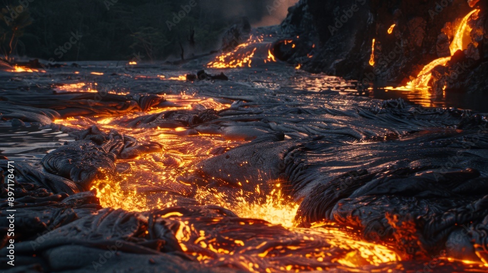 Molten Lava Flowing Through a Volcanic Crater. Molten Lava Flowing Through a Volcanic Crater.
