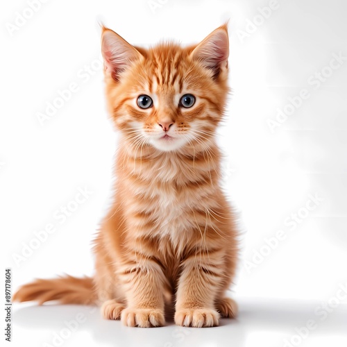 An orange cat poses for a photo with its face against a white background. 