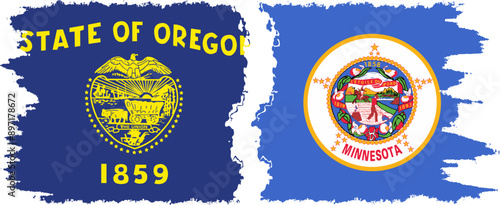 Minnesota and Oregon states grunge brush flags connection, vector old