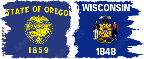 Wisconsin and Oregon states grunge brush flags connection, vector