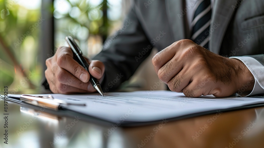 The Weight of the Signature: A businessman's hand hovers over a contract, pen poised, capturing the tension and gravity of a critical business deal. The Weight of the Signature: A businessman's hand hovers over a contract, pen poised, capturing the tension and gravity of a critical business deal.
