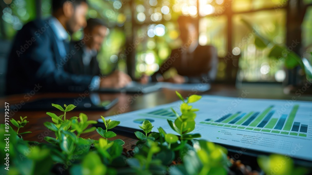 Business meeting discussing carbon credit strategies, carbon credit market, copy space, green investment theme, ethereal, fusion, boardroom backdrop, copy space for text,