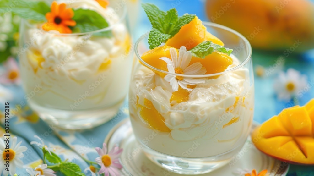 Fresh Mango and Cream Dessert on Floral Tablecloth Fresh Mango and Cream Dessert on Floral Tablecloth