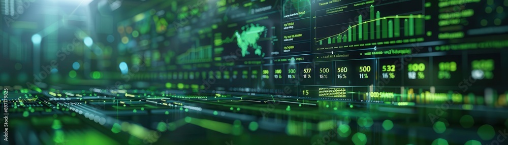 Digital dashboard displaying green bond metrics, green bonds investment, close up, datadriven theme, realistic, blend mode, tech hub backdrop, copy space for text, Digital dashboard displaying green bond metrics, green bonds investment, close up, datadriven theme, realistic, blend mode, tech hub backdrop, copy space for text,