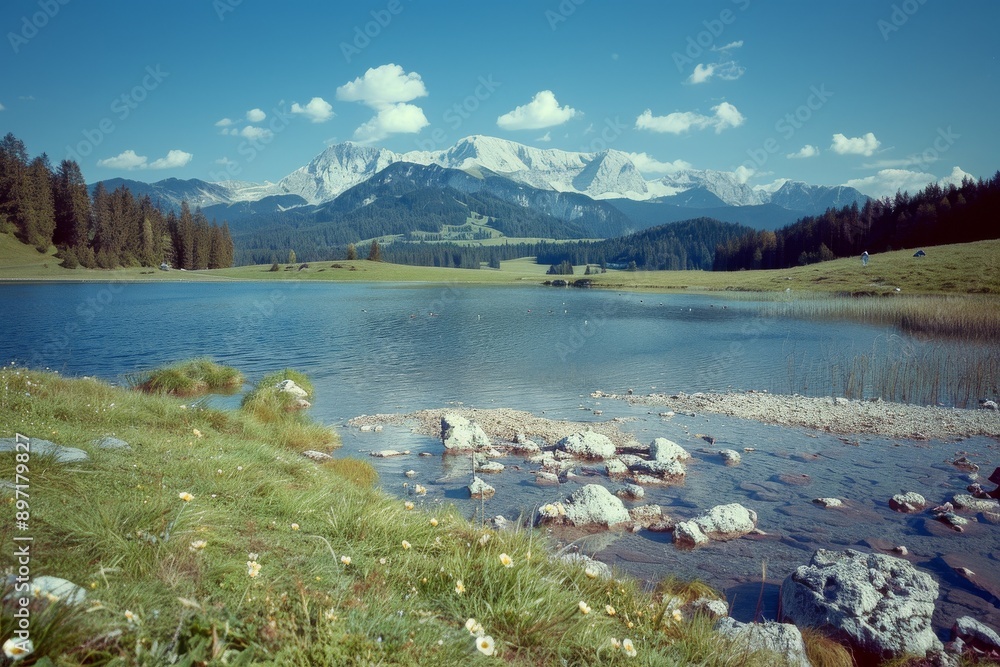 Obraz premium Old church in a field under a cloudy sky - film photo. Beautiful simple AI generated image in 4K, unique.