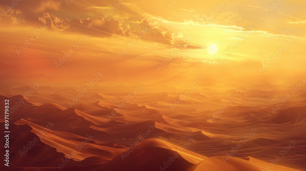 A sunset over the Sahara Desert, with endless dunes and a golden sky. A sunset over the Sahara Desert, with endless dunes and a golden sky.