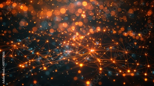 Global networking background, steel grey backdrop, lattice of orange digital lines, bright nodes, dynamic and high-tech composition.