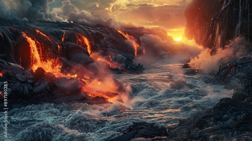 Lava Flowing into the Ocean at Sunset. Lava Flowing into the Ocean at Sunset.