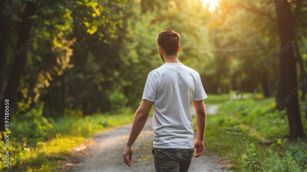 Serene Walk in Forest at Sunset - Young Man Embraces Nature's Beauty Serene Walk in Forest at Sunset - Young Man Embraces Nature's Beauty