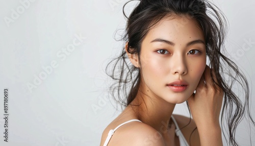 Radiant Asian Beauty CloseUp of Woman with Healthy Skin in Minimal Setting close up of woman photo