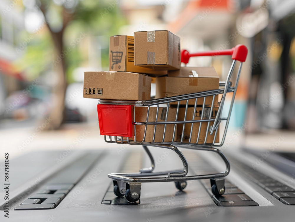 Small Shopping Cart Filled With Cardboard Boxes on a Laptop Keyboard Small Shopping Cart Filled With Cardboard Boxes on a Laptop Keyboard