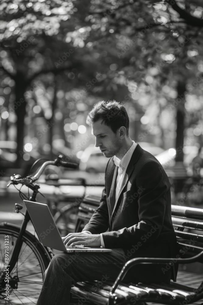 A man using a laptop while seated on a park bench, with a bicycle nearby. This image captures the essence of urban life where work and leisure blend. A man using a laptop while seated on a park bench, with a bicycle nearby. This image captures the essence of urban life where work and leisure blend.