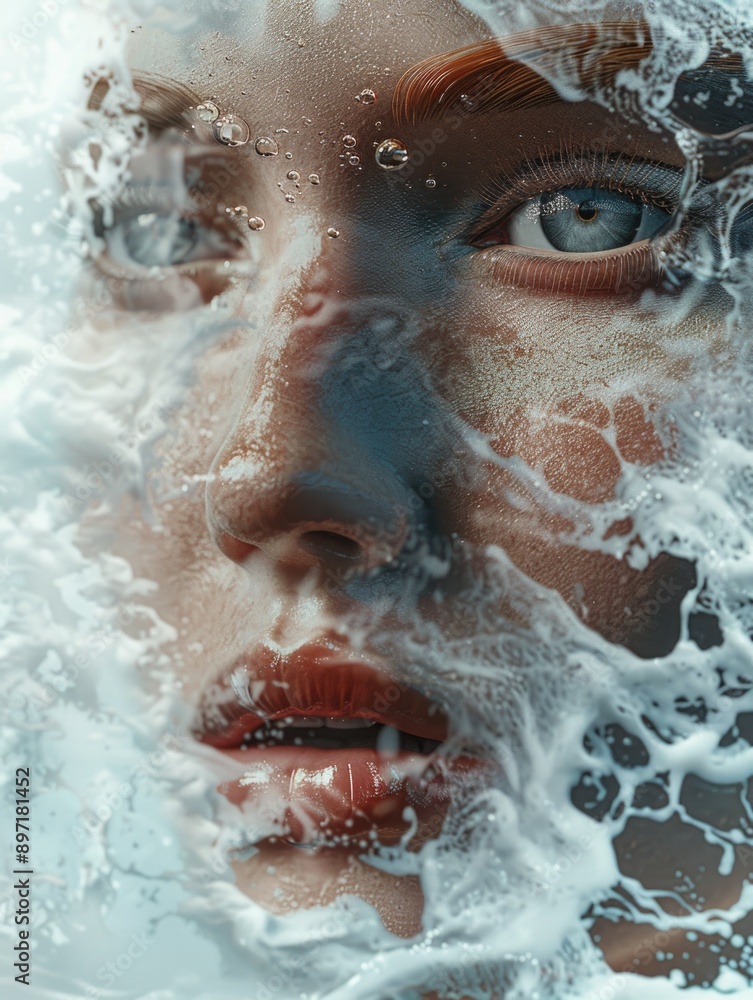 Fototapeta premium Close-up shot of a woman's face with water droplets or tears, suitable for use in emotional or introspective scenes