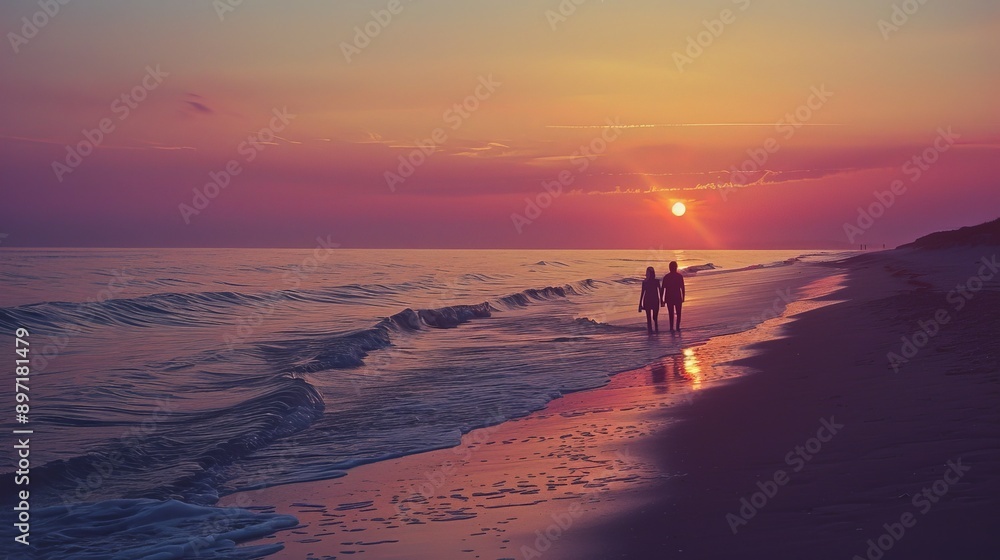 A couple enjoying a sunset walk along the beach, romantic and peaceful A couple enjoying a sunset walk along the beach, romantic and peaceful