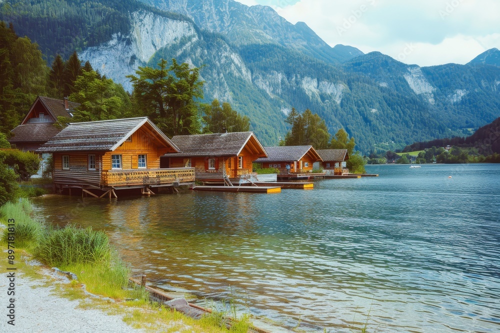 Naklejka premium Old church in a field under a cloudy sky - film photo. Beautiful simple AI generated image in 4K, unique.