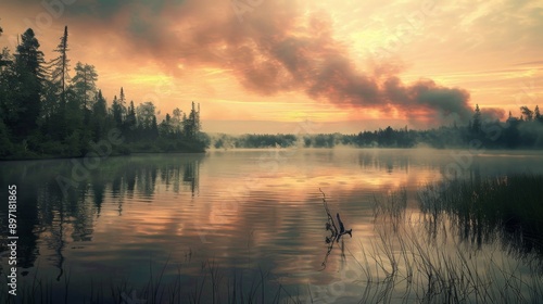 Misty Lake at Sunset.