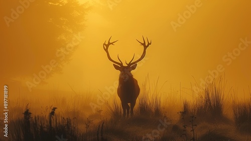 A solitary stag is silhouetted against a golden sunrise, surrounded by gentle mist and elegant natural beauty.