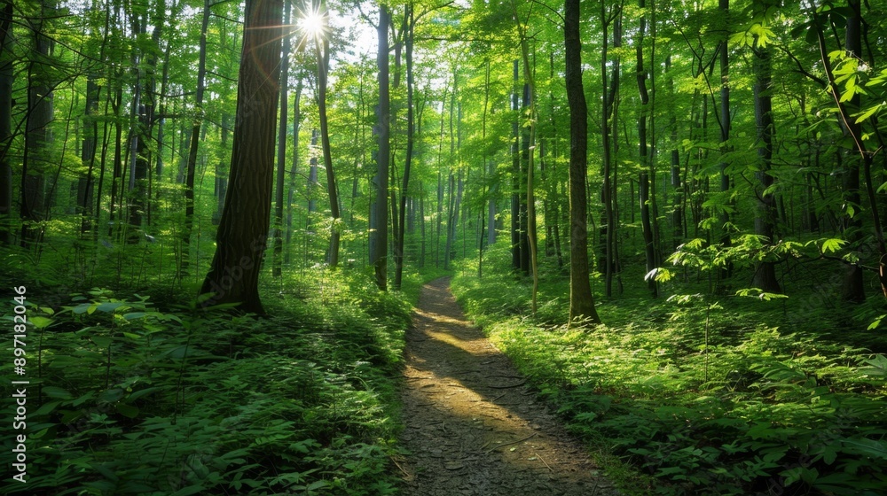 Obraz premium 3 Lush green forest with sunlight filtering through the leaves Pathway winding through the trees