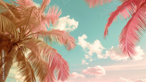 Tropical Paradise: Pink Palm Trees Against Dreamy Sky